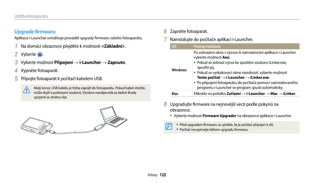 Samsung EC-WB35FZBPLE3 manual Upgrade firmwaru, Vyberte možnost Připojení → i-Launcher → Zapnuto, Postup instalace 