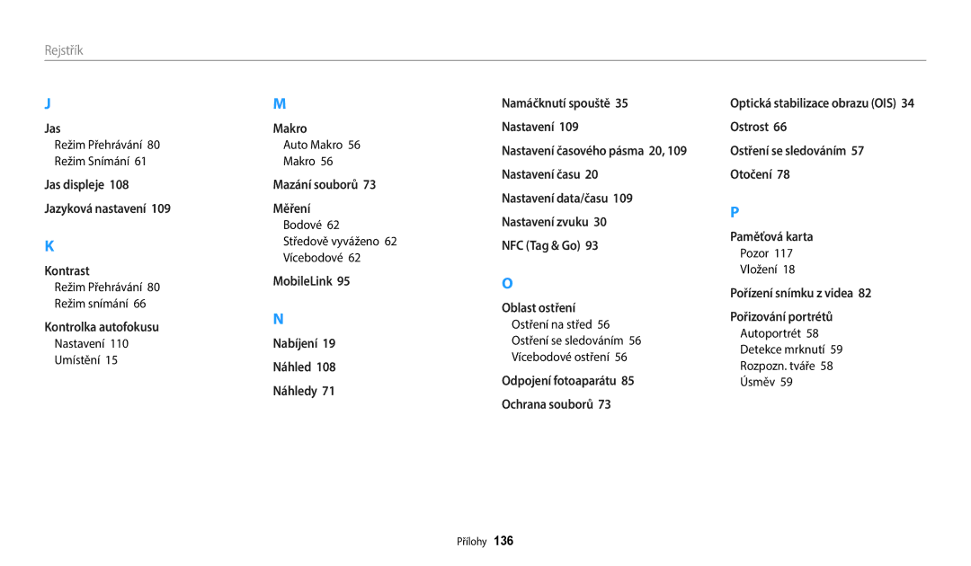 Samsung EC-WB35FZBPWE3, EC-WB35FZBPBE3, EC-WB35FZBPRE3, EC-WB35FZBPLE3 manual Rejstřík 