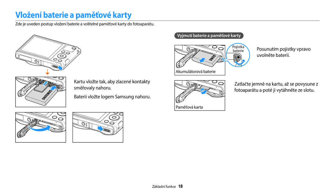 Samsung EC-WB35FZBPLE3 manual Vložení baterie a paměťové karty, Uvolněte baterii, Vyjmutí baterie a paměťové karty 