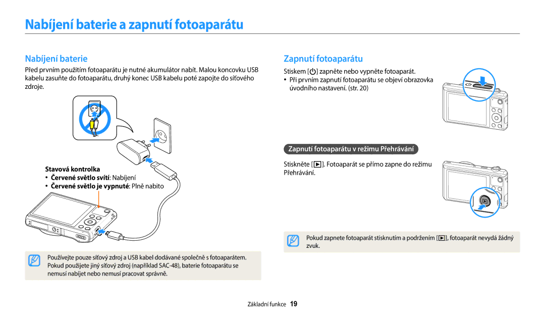 Samsung EC-WB35FZBPBE3, EC-WB35FZBPWE3, EC-WB35FZBPRE3 manual Nabíjení baterie a zapnutí fotoaparátu, Zapnutí fotoaparátu 