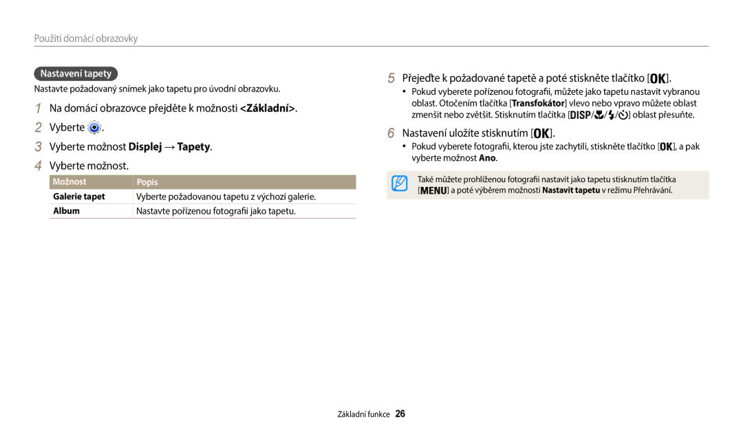 Samsung EC-WB35FZBPLE3 manual Přejeďte k požadované tapetě a poté stiskněte tlačítko, Nastavení uložíte stisknutím 