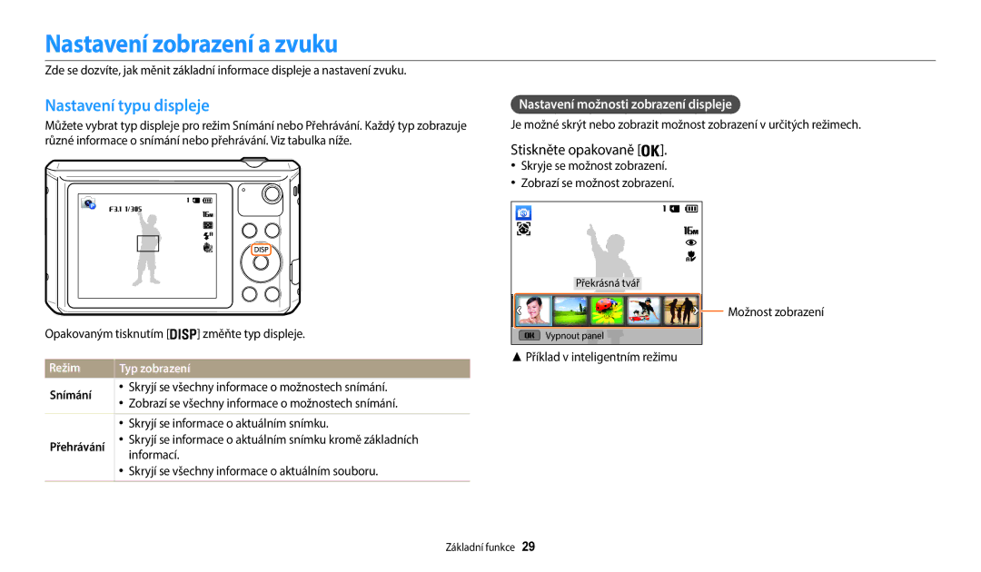 Samsung EC-WB35FZBPRE3 Nastavení zobrazení a zvuku, Nastavení typu displeje, Stiskněte opakovaně, Režim Typ zobrazení 