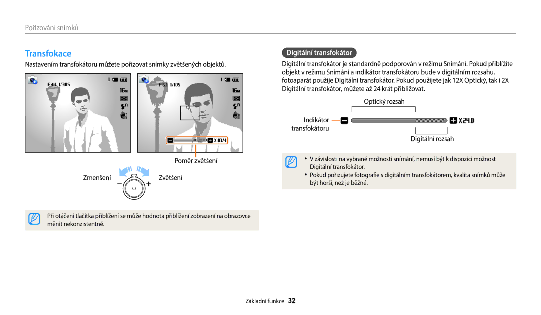 Samsung EC-WB35FZBPWE3, EC-WB35FZBPBE3, EC-WB35FZBPRE3 manual Transfokace, Pořizování snímků, Digitální transfokátor 