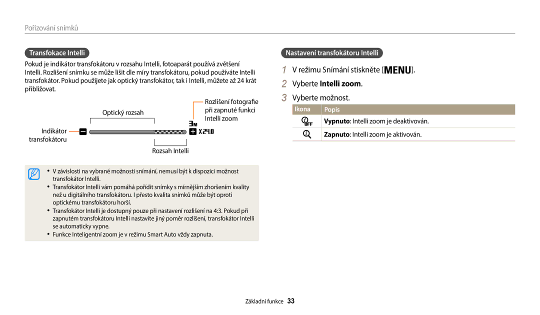 Samsung EC-WB35FZBPRE3, EC-WB35FZBPBE3 manual Vyberte Intelli zoom, Transfokace Intelli, Nastavení transfokátoru Intelli 