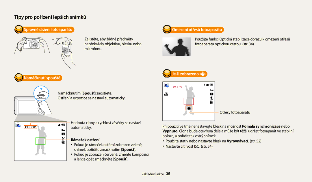 Samsung EC-WB35FZBPBE3 manual Správné držení fotoaparátu, Namáčknutí spouště, Omezení otřesů fotoaparátu, Je-li zobrazeno 