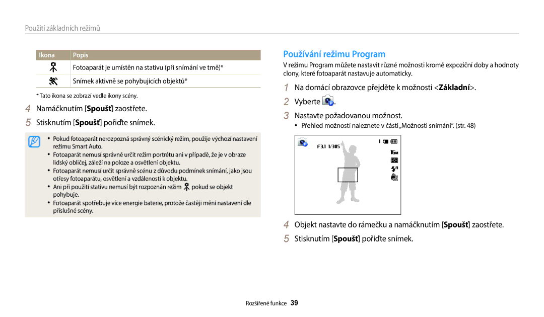 Samsung EC-WB35FZBPBE3, EC-WB35FZBPWE3, EC-WB35FZBPRE3 manual Používání režimu Program, Použití základních režimů, Ikona 