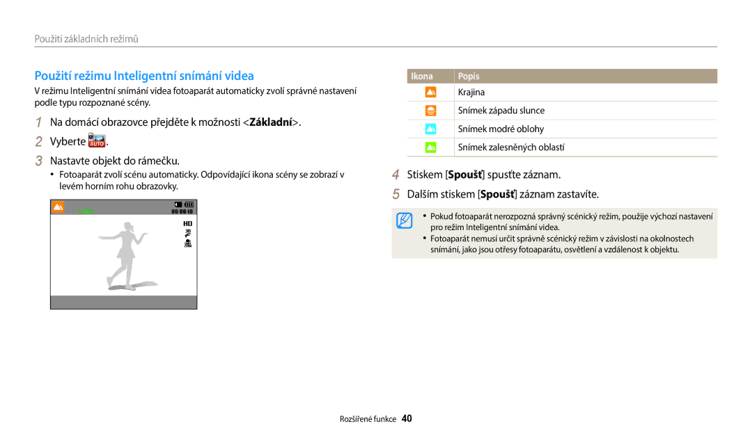 Samsung EC-WB35FZBPWE3, EC-WB35FZBPBE3, EC-WB35FZBPRE3, EC-WB35FZBPLE3 manual Použití režimu Inteligentní snímání videa 