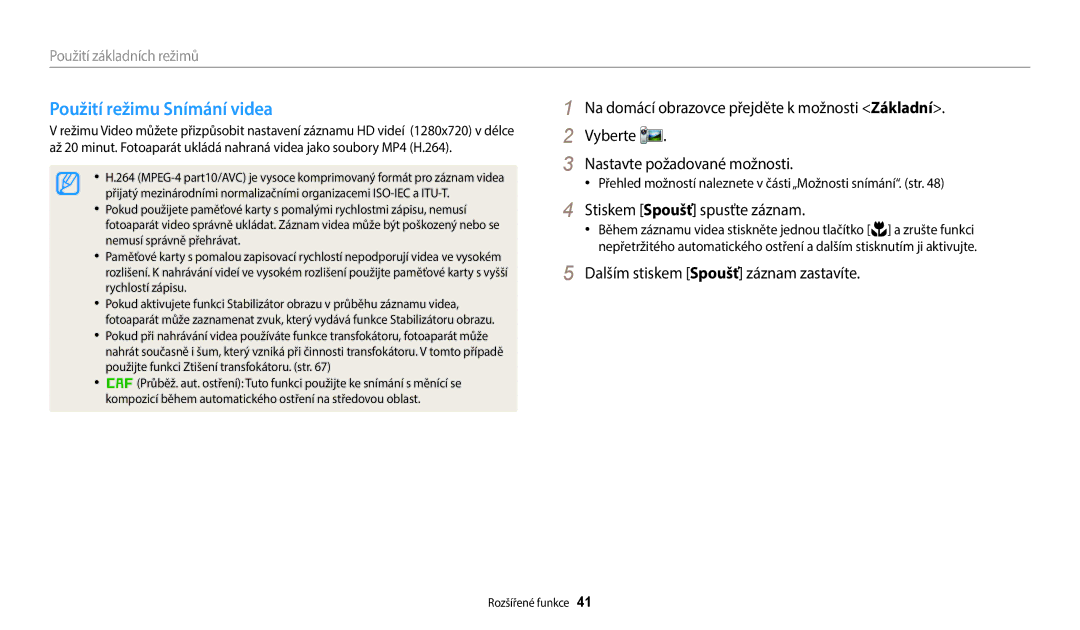 Samsung EC-WB35FZBPRE3 manual Použití režimu Snímání videa, Nastavte požadované možnosti, Stiskem Spoušť spusťte záznam 