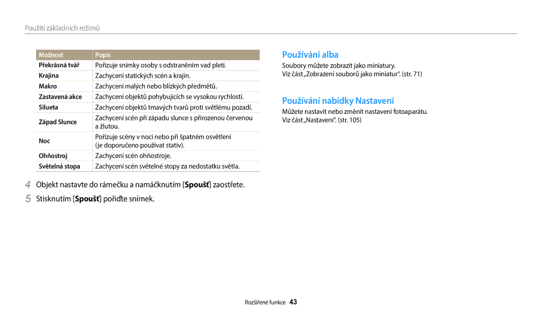 Samsung EC-WB35FZBPBE3, EC-WB35FZBPWE3, EC-WB35FZBPRE3 manual Používání alba, Používání nabídky Nastavení, Možnost Popis 