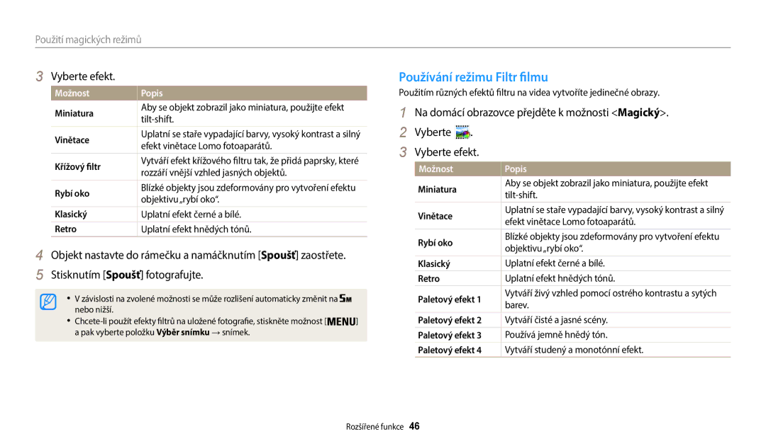 Samsung EC-WB35FZBPLE3, EC-WB35FZBPBE3, EC-WB35FZBPWE3, EC-WB35FZBPRE3 manual Používání režimu Filtr filmu, Vyberte efekt 