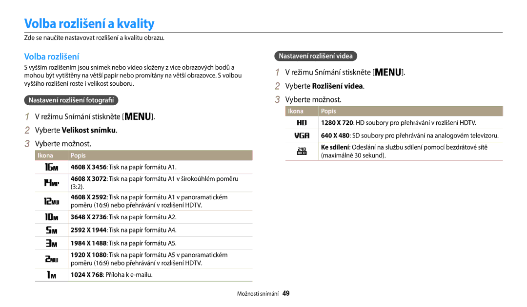 Samsung EC-WB35FZBPRE3, EC-WB35FZBPBE3 manual Volba rozlišení a kvality, Režimu Snímání stiskněte, Vyberte Velikost snímku 