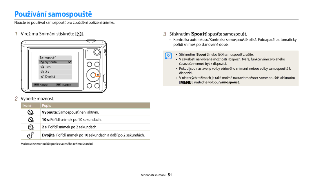 Samsung EC-WB35FZBPBE3 manual Používání samospouště, Stisknutím Spoušť spusťte samospoušť, Vypnuta Samospoušť není aktivní 