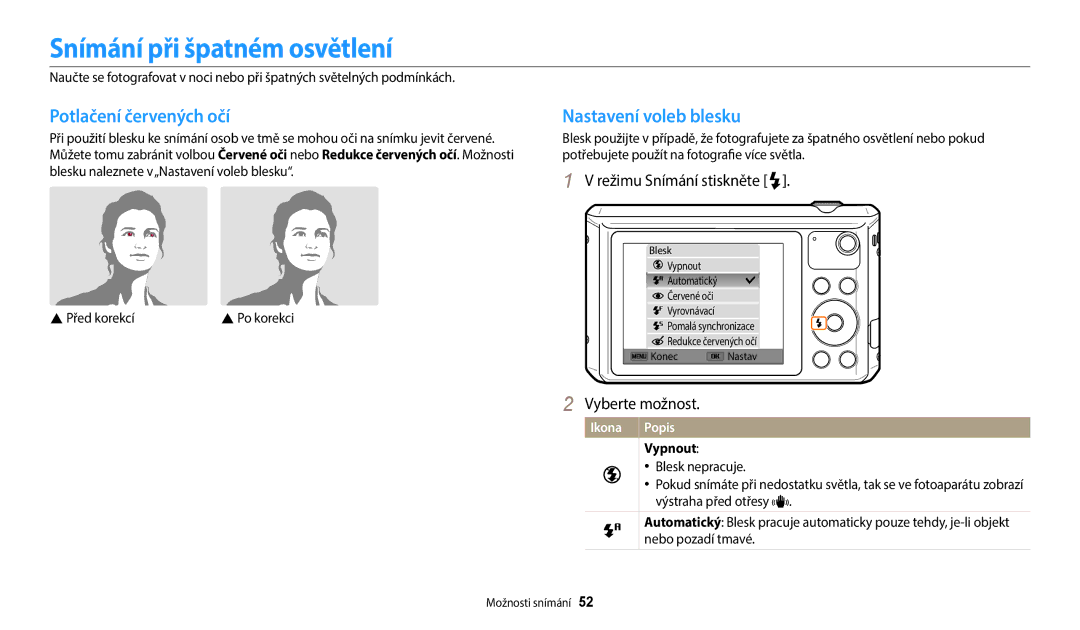 Samsung EC-WB35FZBPWE3 manual Snímání při špatném osvětlení, Potlačení červených očí, Nastavení voleb blesku, Vypnout 