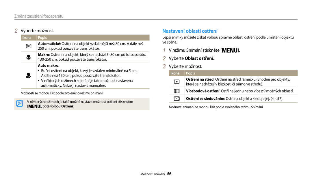 Samsung EC-WB35FZBPWE3 manual Nastavení oblasti ostření, Vyberte Oblast ostření, Změna zaostření fotoaparátu, Auto makro 