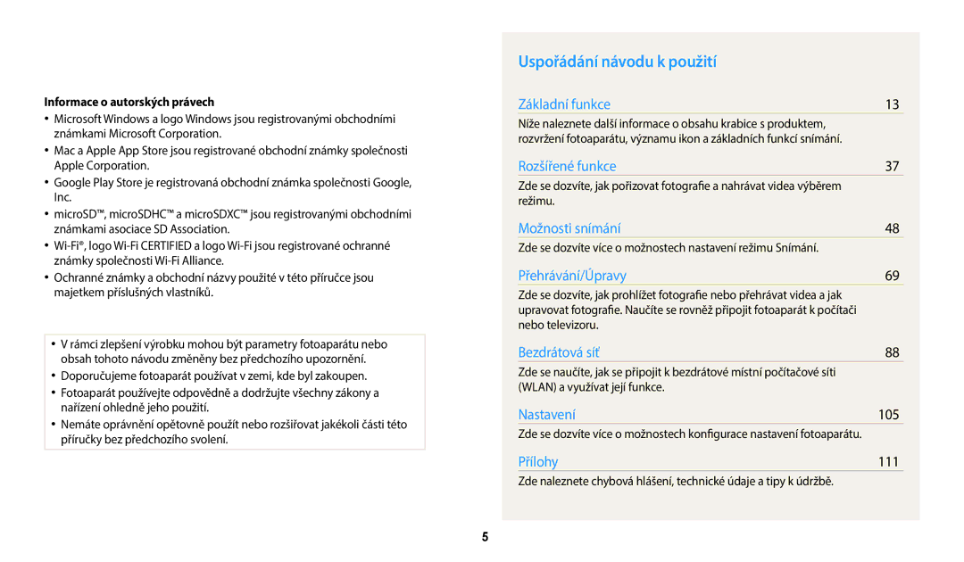 Samsung EC-WB35FZBPRE3, EC-WB35FZBPBE3, EC-WB35FZBPWE3 manual Uspořádání návodu k použití, Informace o autorských právech 