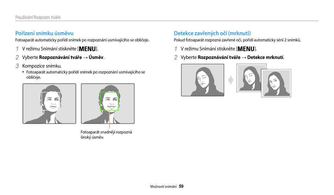 Samsung EC-WB35FZBPBE3 manual Pořízení snímku úsměvu, Detekce zavřených očí mrknutí, Vyberte Rozpoznávání tváře → Úsměv 
