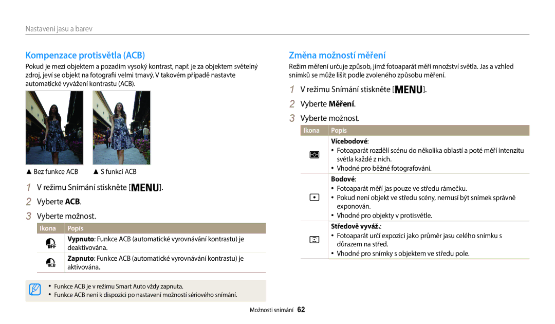 Samsung EC-WB35FZBPLE3, EC-WB35FZBPBE3 manual Kompenzace protisvětla ACB, Změna možností měření, Nastavení jasu a barev 