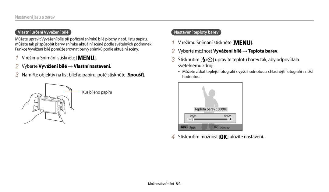 Samsung EC-WB35FZBPWE3 manual Vyberte Vyvážení bílé → Vlastní nastavení, Vyberte možnost Vyvážení bílé → Teplota barev 