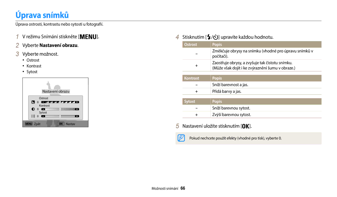 Samsung EC-WB35FZBPLE3, EC-WB35FZBPBE3 manual Úprava snímků, Vyberte Nastavení obrazu, Stisknutím / upravíte každou hodnotu 