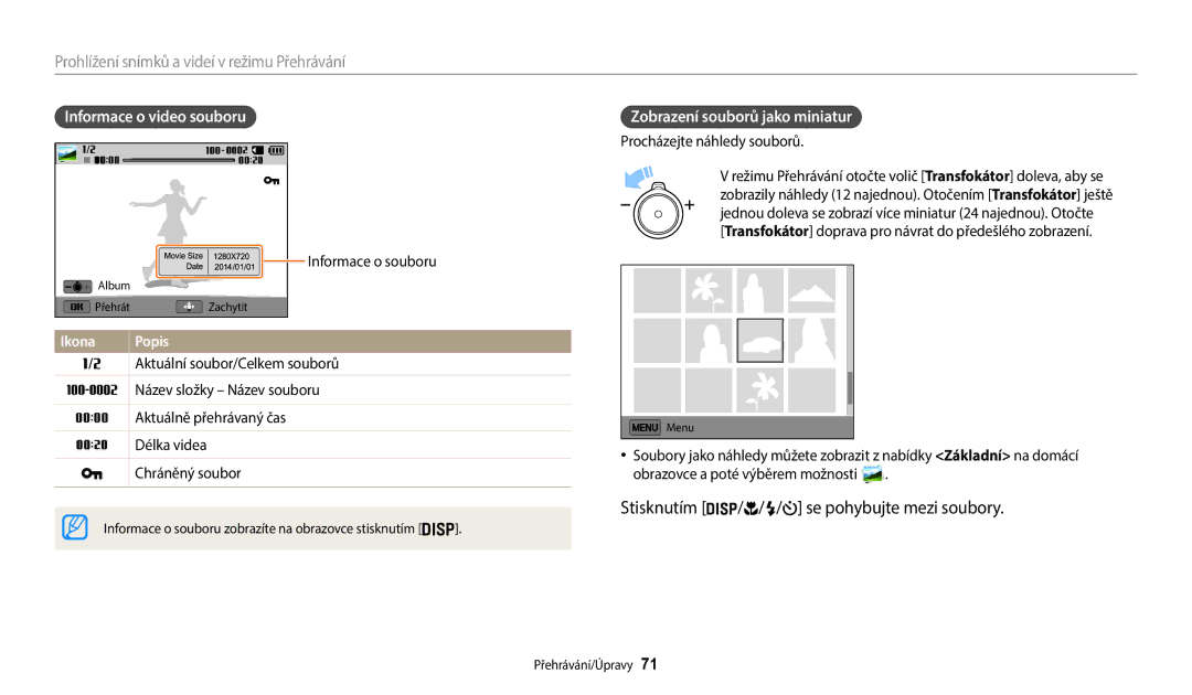 Samsung EC-WB35FZBPBE3 manual Stisknutím, Prohlížení snímků a videí v režimu Přehrávání, Informace o video souboru 