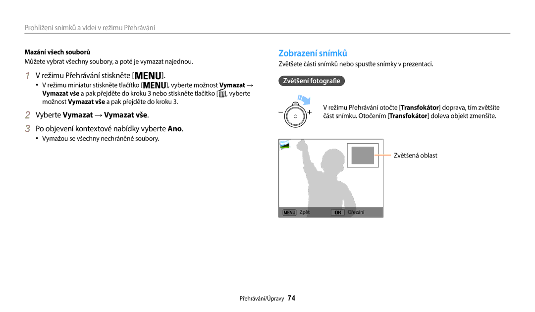 Samsung EC-WB35FZBPLE3 manual Zobrazení snímků, Vyberte Vymazat → Vymazat vše, Po objevení kontextové nabídky vyberte Ano 