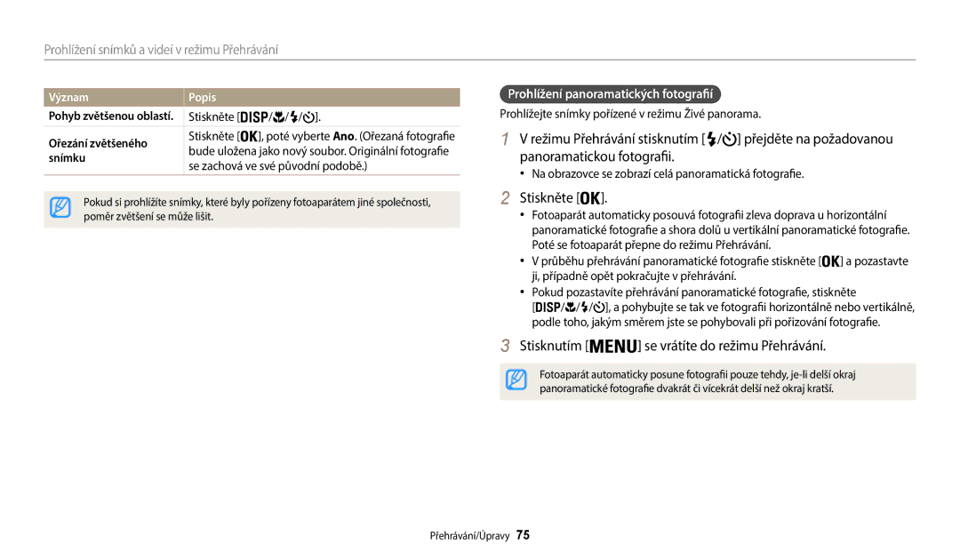 Samsung EC-WB35FZBPBE3 manual Přejděte na požadovanou, Panoramatickou fotografii, Význam Popis, Ořezání zvětšeného, Snímku 