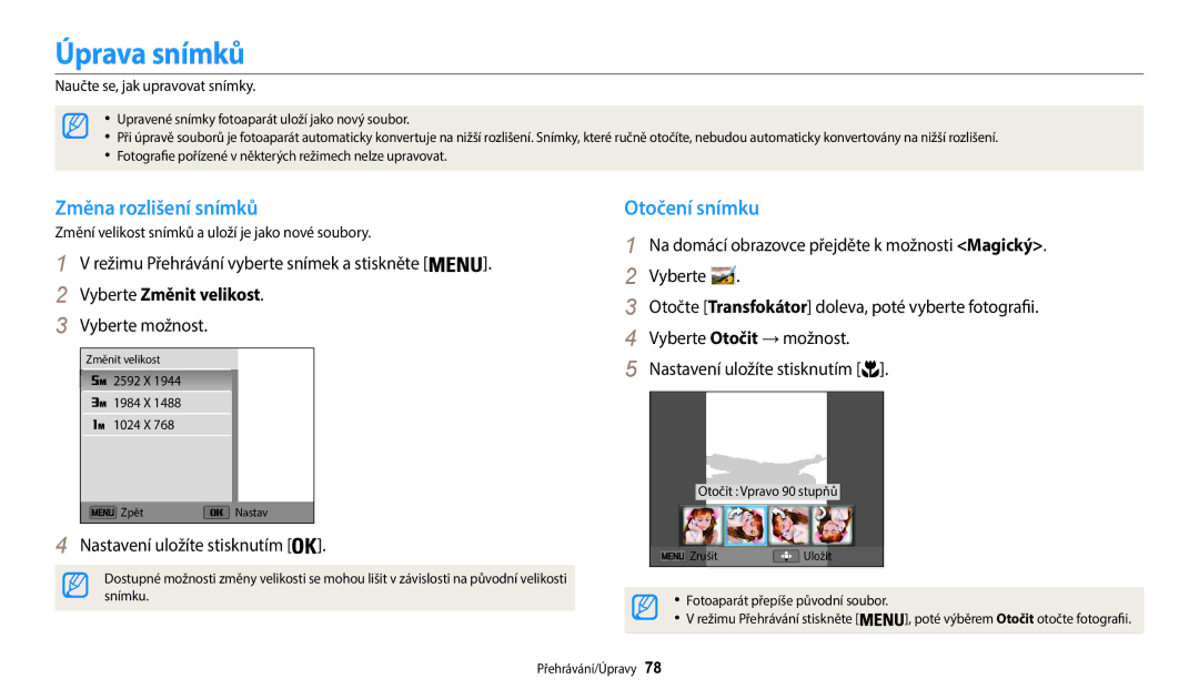 Samsung EC-WB35FZBPLE3 manual Změna rozlišení snímků, Otočení snímku, Režimu Přehrávání vyberte snímek a stiskněte 