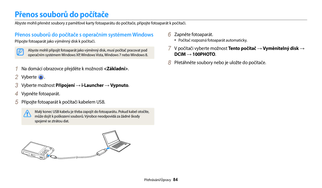 Samsung EC-WB35FZBPWE3, EC-WB35FZBPBE3 manual Přenos souborů do počítače, Vyberte možnost Připojení → i-Launcher → Vypnuto 