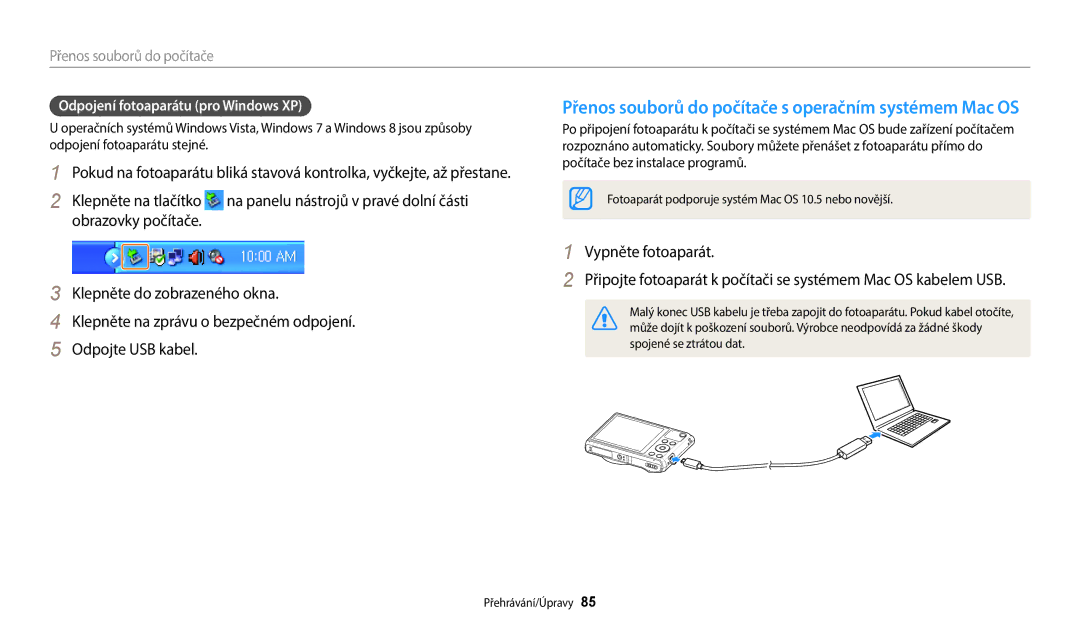 Samsung EC-WB35FZBPRE3, EC-WB35FZBPBE3, EC-WB35FZBPWE3 manual Přenos souborů do počítače, Odpojení fotoaparátu pro Windows XP 