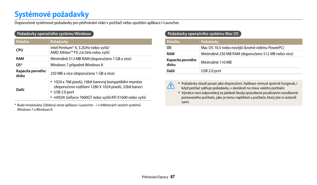 Samsung EC-WB35FZBPBE3 Systémové požadavky, Požadavky operačního systému Windows, Požadavky operačního systému Mac OS 