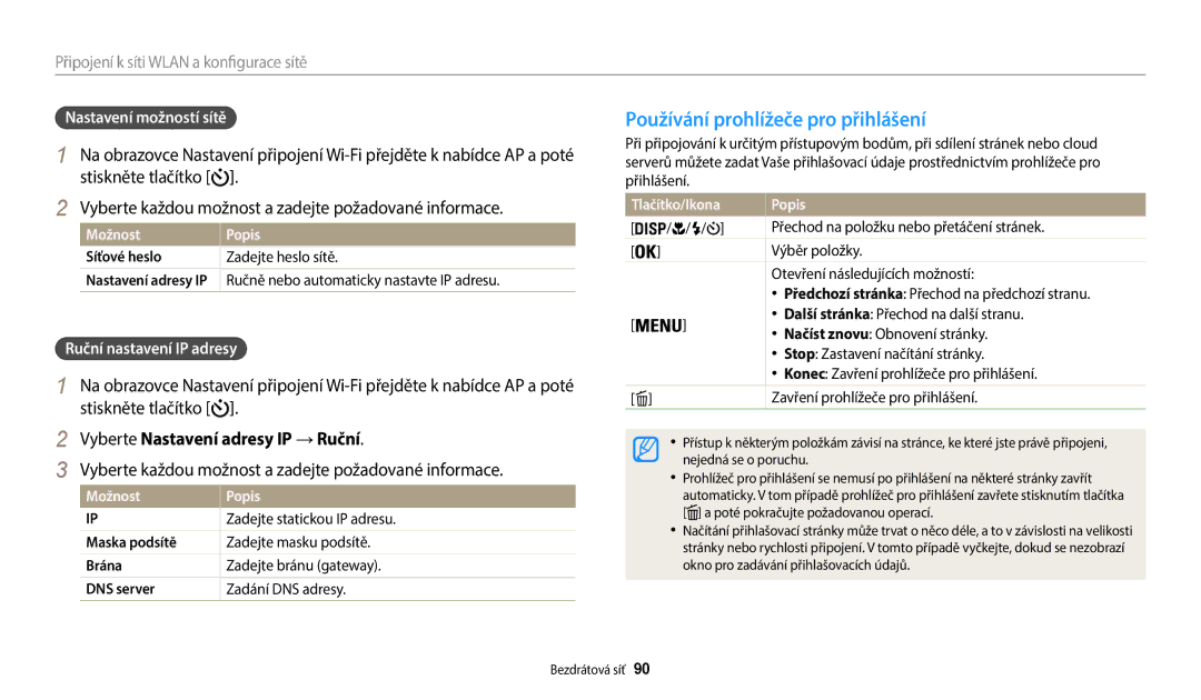 Samsung EC-WB35FZBPLE3 manual Používání prohlížeče pro přihlášení, Vyberte každou možnost a zadejte požadované informace 