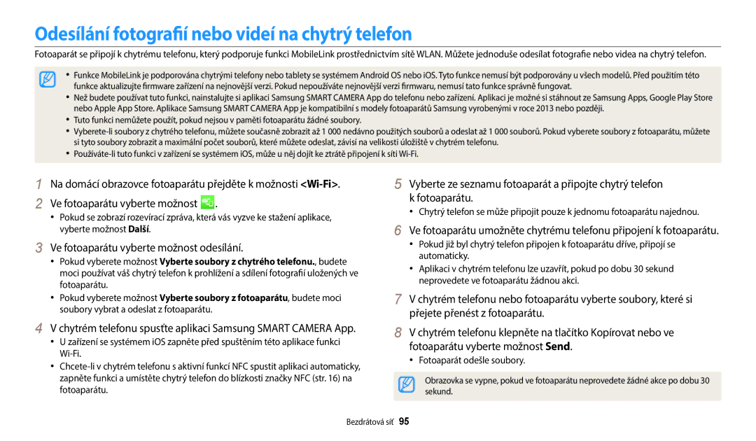 Samsung EC-WB35FZBPBE3 manual Odesílání fotografií nebo videí na chytrý telefon, Ve fotoaparátu vyberte možnost odesílání 