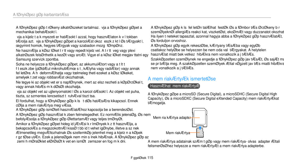 Samsung EC-WB35FZBPBE3, EC-WB35FZBPWE3, EC-WB35FZBPRE3 manual Memóriakártyák ismertetése, Használható memóriakártyák 