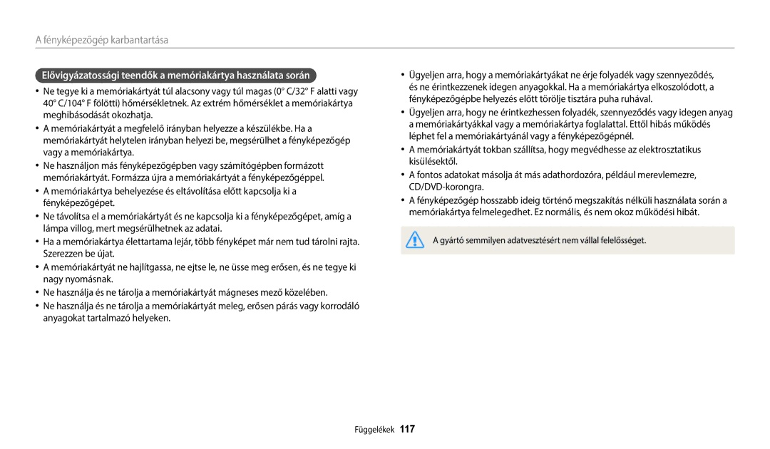 Samsung EC-WB35FZBPRE3, EC-WB35FZBPBE3, EC-WB35FZBPWE3 manual Elővigyázatossági teendők a memóriakártya használata során 