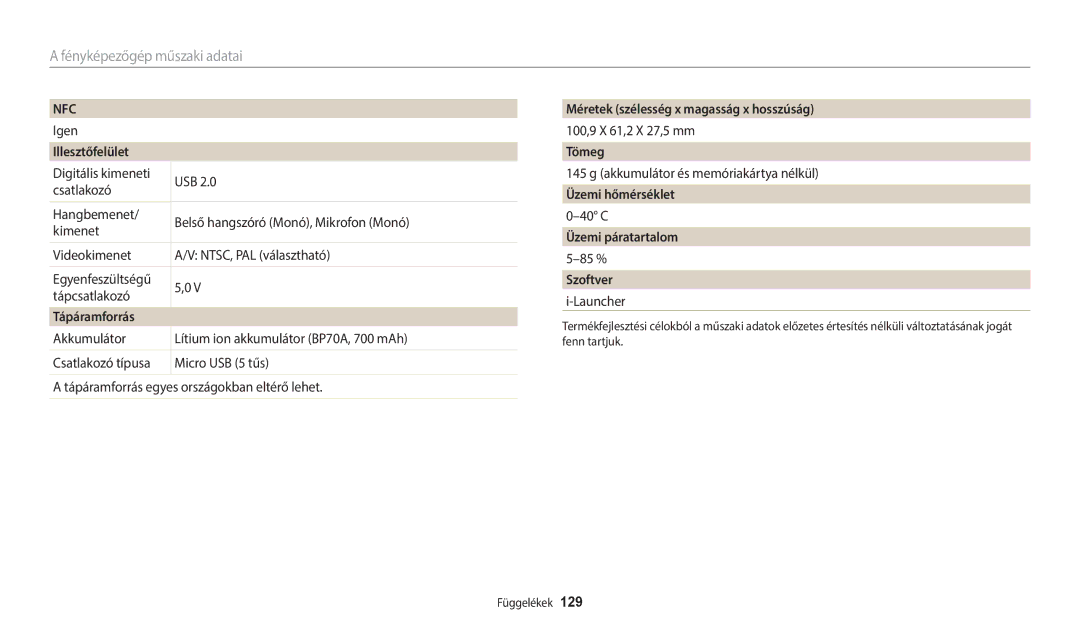 Samsung EC-WB35FZBPRE3 Illesztőfelület, Tápáramforrás, Méretek szélesség x magasság x hosszúság, Tömeg, Üzemi hőmérséklet 