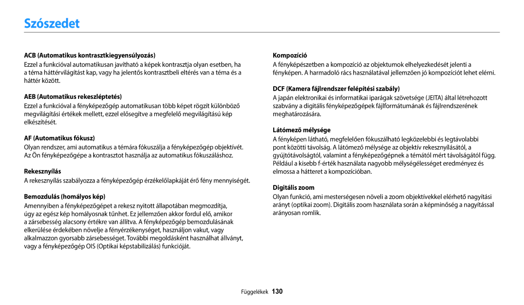 Samsung EC-WB35FZBPLE3, EC-WB35FZBPBE3, EC-WB35FZBPWE3, EC-WB35FZBPRE3 manual Szószedet 