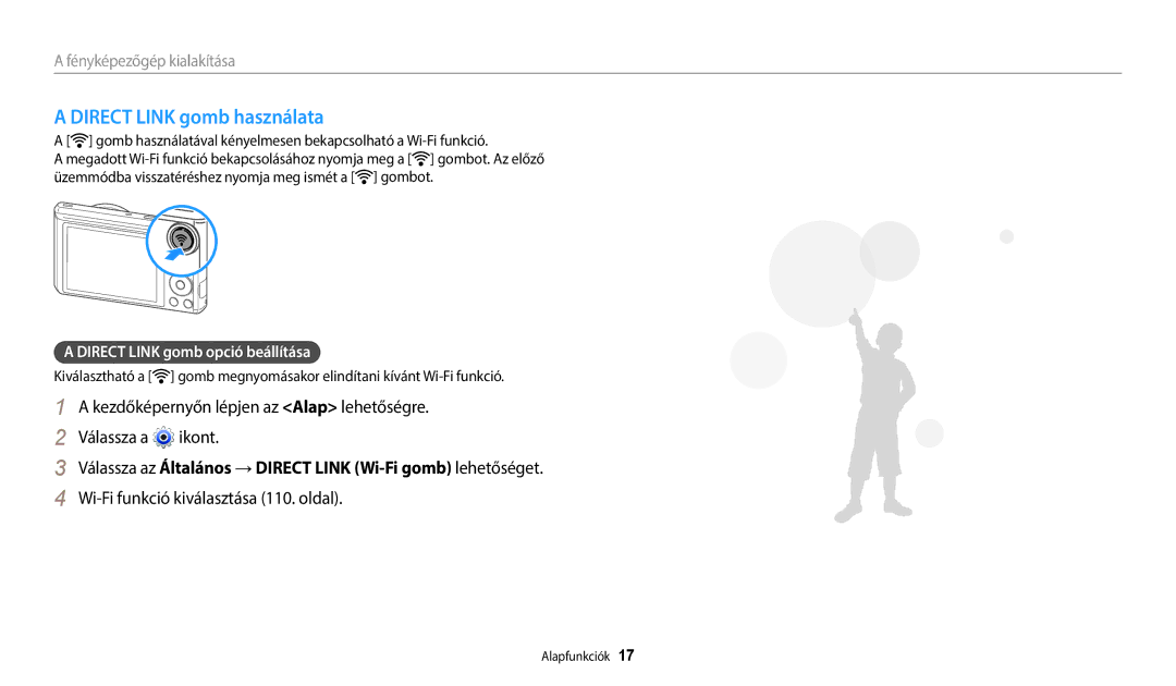 Samsung EC-WB35FZBPRE3 manual Direct Link gomb használata, Kezdőképernyőn lépjen az Alap lehetőségre. Válassza a ikont 