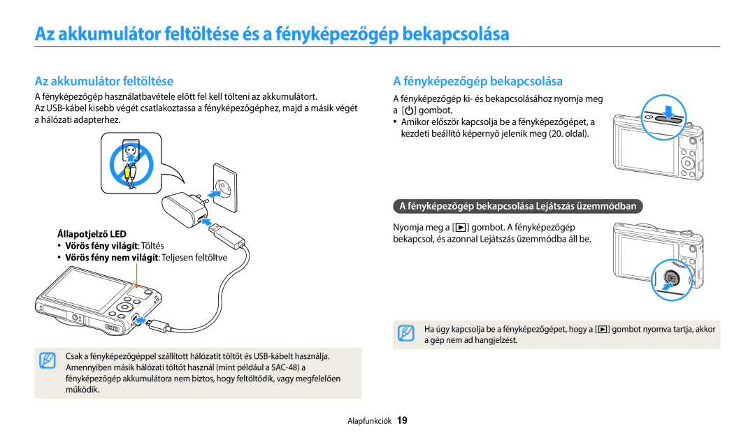 Samsung EC-WB35FZBPBE3 manual Az akkumulátor feltöltése és a fényképezőgép bekapcsolása, Fényképezőgép bekapcsolása 