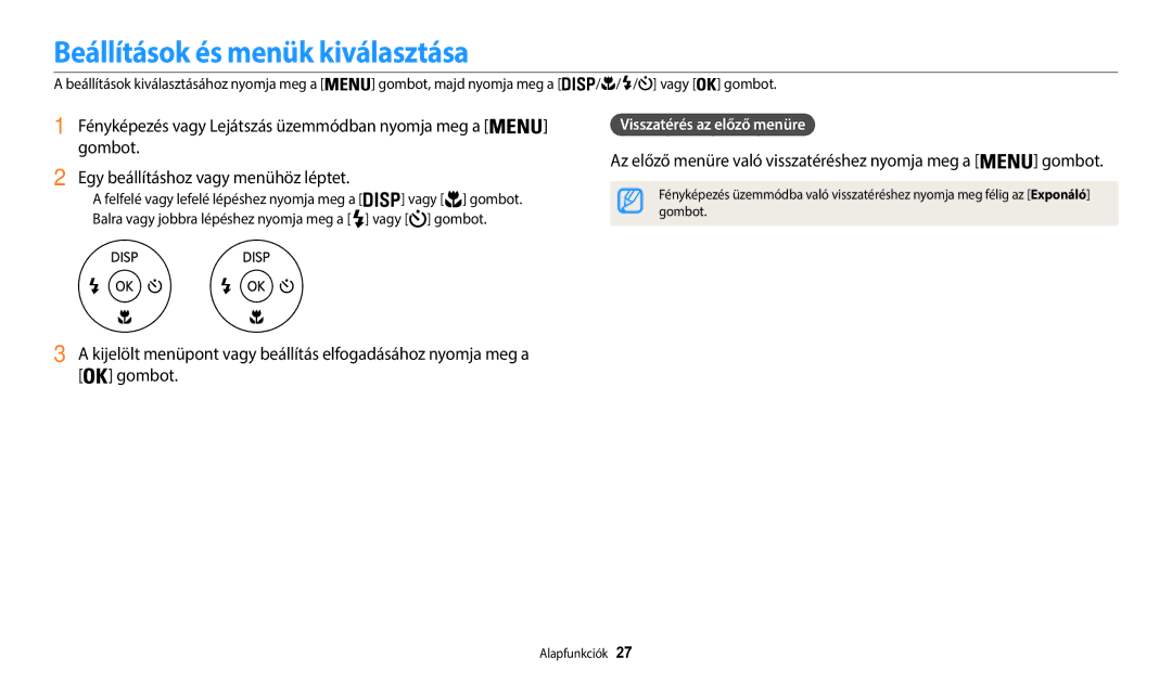 Samsung EC-WB35FZBPBE3 manual Beállítások és menük kiválasztása, Az előző menüre való visszatéréshez nyomja meg a gombot 