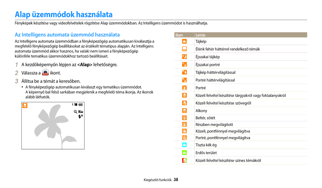 Samsung EC-WB35FZBPLE3, EC-WB35FZBPBE3 manual Alap üzemmódok használata, Az Intelligens automata üzemmód használata 