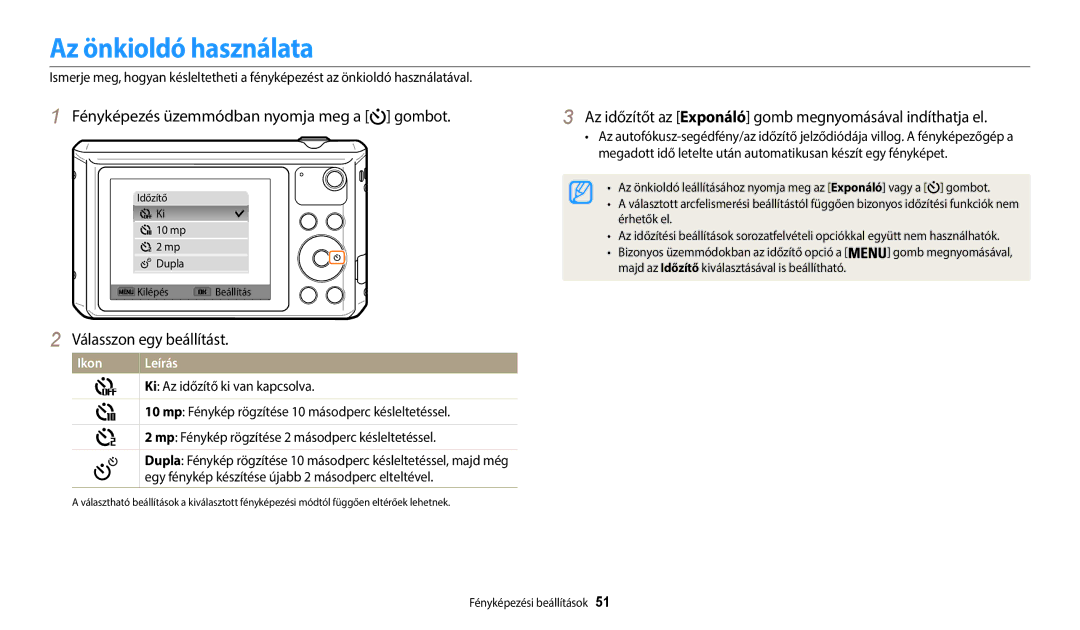 Samsung EC-WB35FZBPBE3, EC-WB35FZBPWE3, EC-WB35FZBPRE3 manual Az önkioldó használata, Ki Az időzítő ki van kapcsolva 