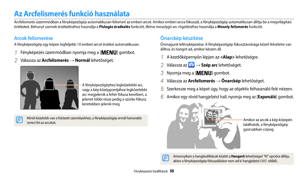 Samsung EC-WB35FZBPLE3 manual Az Arcfelismerés funkció használata, Arcok felismerése, Önarckép készítése, Gyorsabban csipog 