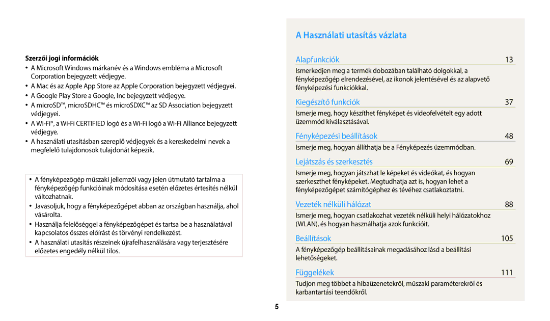 Samsung EC-WB35FZBPRE3, EC-WB35FZBPBE3, EC-WB35FZBPWE3 manual Használati utasítás vázlata, 105, 111, Szerzői jogi információk 