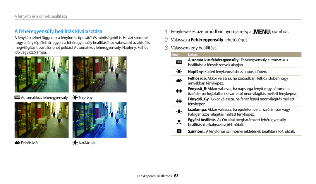 Samsung EC-WB35FZBPBE3, EC-WB35FZBPWE3, EC-WB35FZBPRE3, EC-WB35FZBPLE3 manual Fehéregyensúly beállítás kiválasztása 