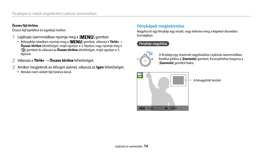 Samsung EC-WB35FZBPLE3 manual Fényképek megtekintése, Válassza a Törlés → Összes törlése lehetőséget, Fénykép nagyítása 