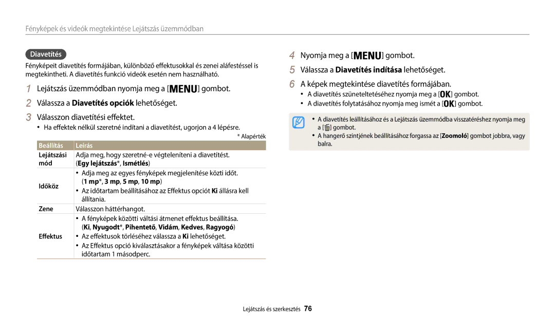 Samsung EC-WB35FZBPWE3, EC-WB35FZBPBE3, EC-WB35FZBPRE3, EC-WB35FZBPLE3 manual Válasszon diavetítési effektet, Diavetítés 