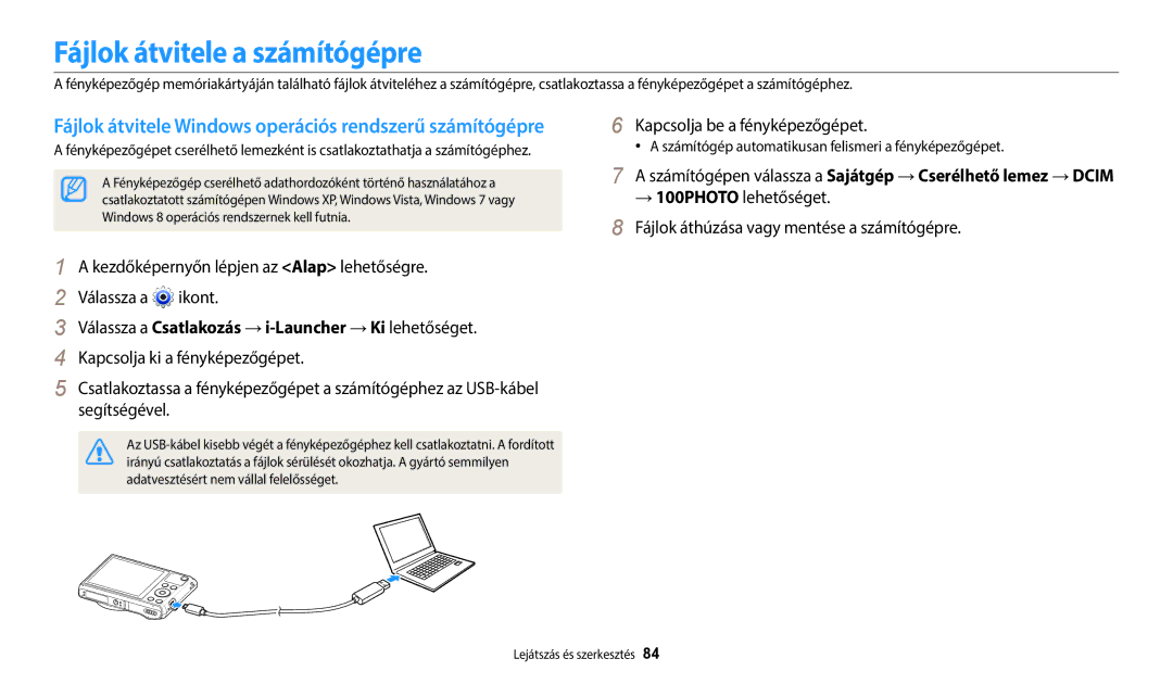 Samsung EC-WB35FZBPWE3 manual Fájlok átvitele a számítógépre, Számítógép automatikusan felismeri a fényképezőgépet 