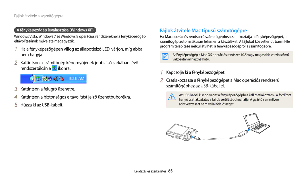 Samsung EC-WB35FZBPRE3, EC-WB35FZBPBE3 manual Fájlok átvitele Mac típusú számítógépre, Fényképezőgép leválasztása Windows XP 