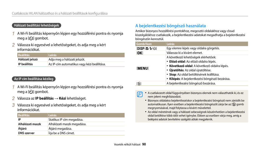 Samsung EC-WB35FZBPLE3 Bejelentkezési böngésző használata, Hálózati beállítási lehetőségek, Az IP cím beállítása kézileg 