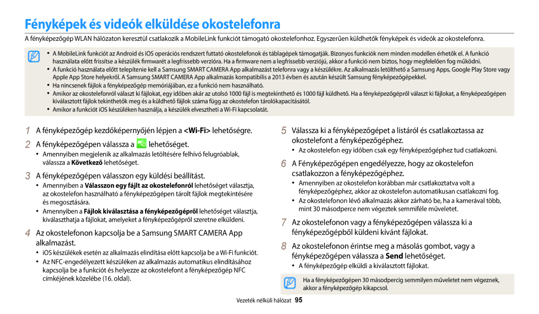 Samsung EC-WB35FZBPBE3, EC-WB35FZBPWE3, EC-WB35FZBPRE3, EC-WB35FZBPLE3 manual Fényképek és videók elküldése okostelefonra 